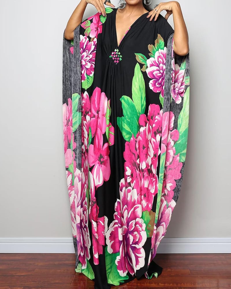 Bsubseach Women Ethnic Print Kaftan Beach Dress Plus Size Swimsuit Cover Up - Image 3